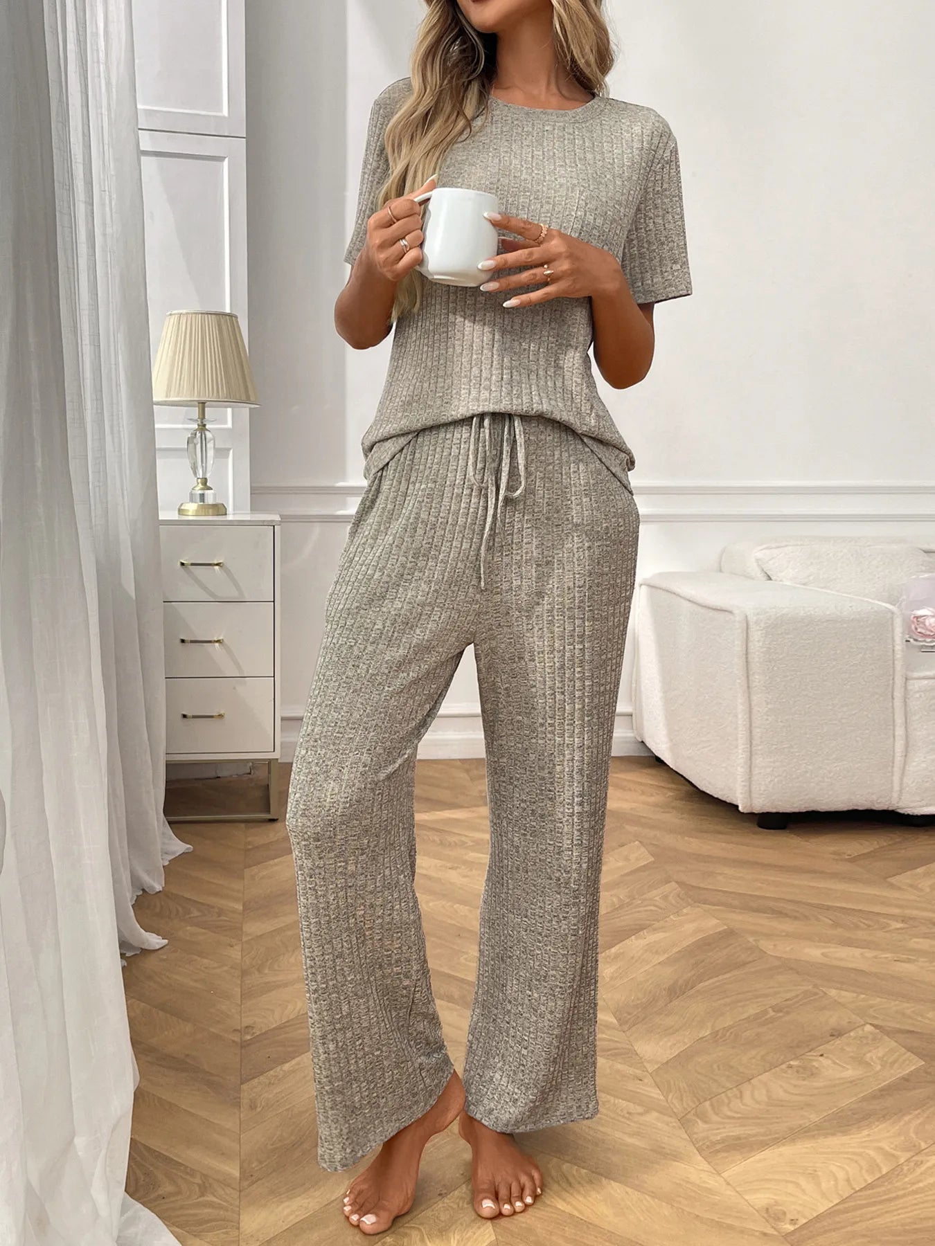 Ribbed Knit Short Sleeve Top and Pants Lounge Set Khaki Color