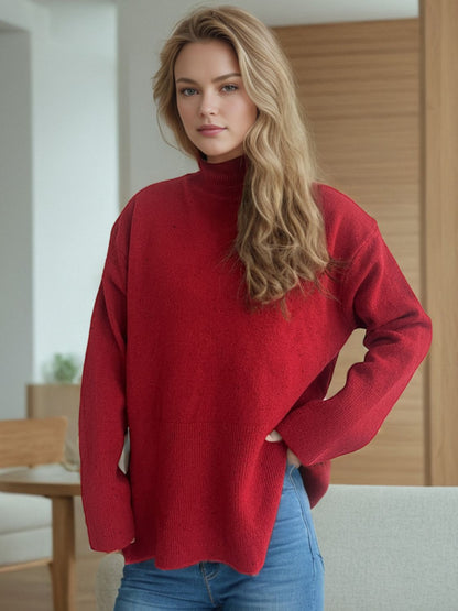 Side Slit Turtleneck Long Sleeve Sweater Scarlet One Size