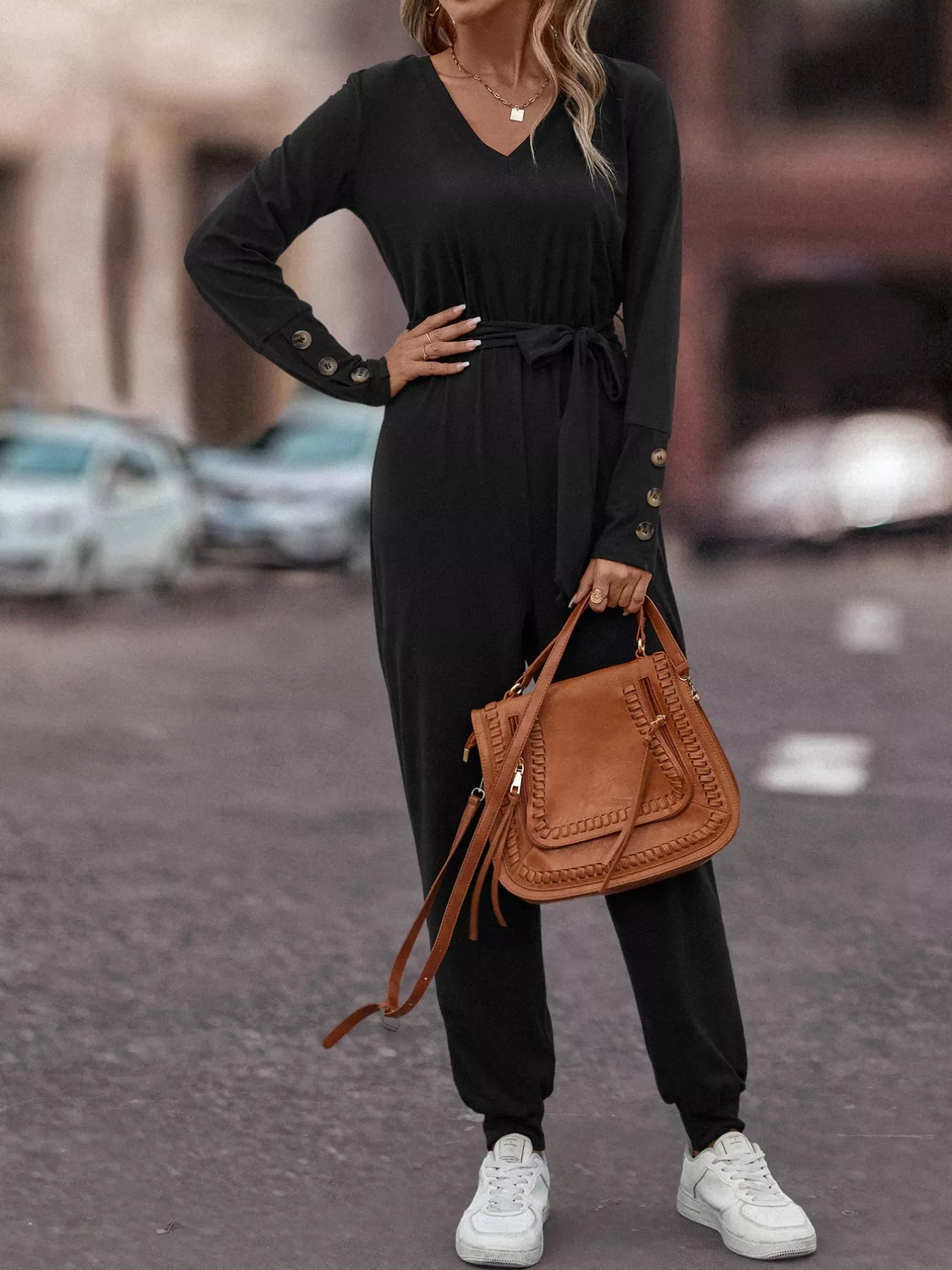 V-Neck Long Sleeve Tie Waist Jumpsuit Black