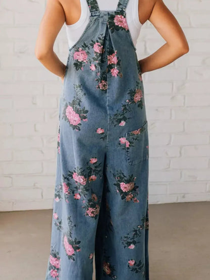 Floral Print Wide Leg Denim Overalls