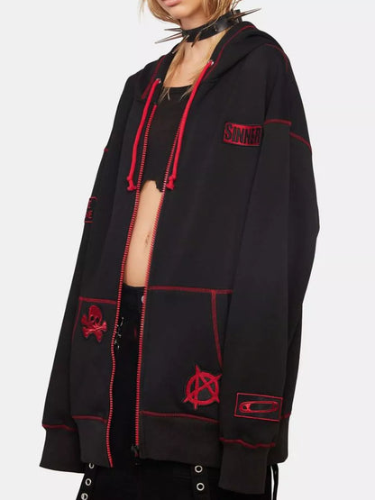 Halloween Zip-Up Drawstring Hoodie Black