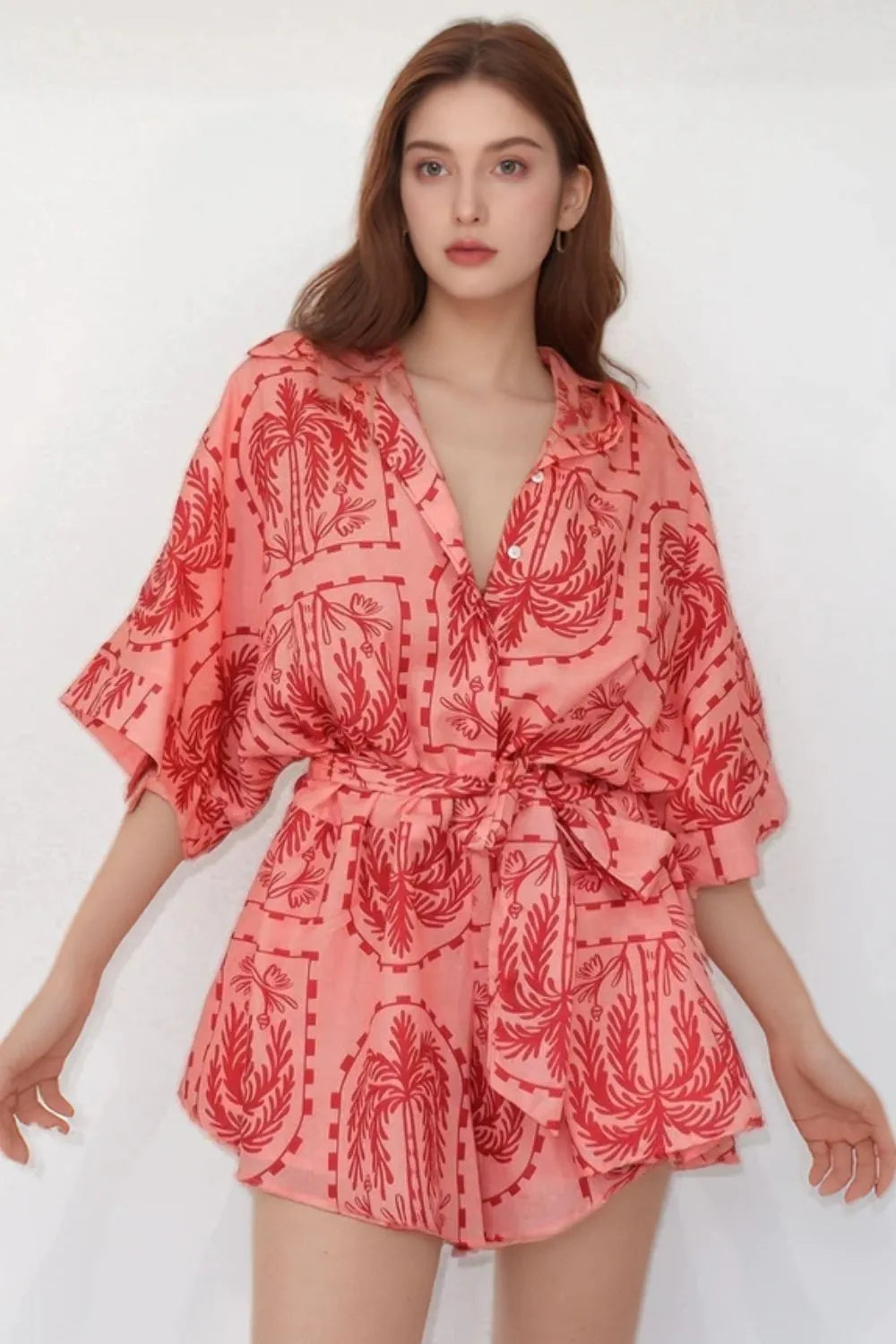 Printed Tie Waist Romper Red