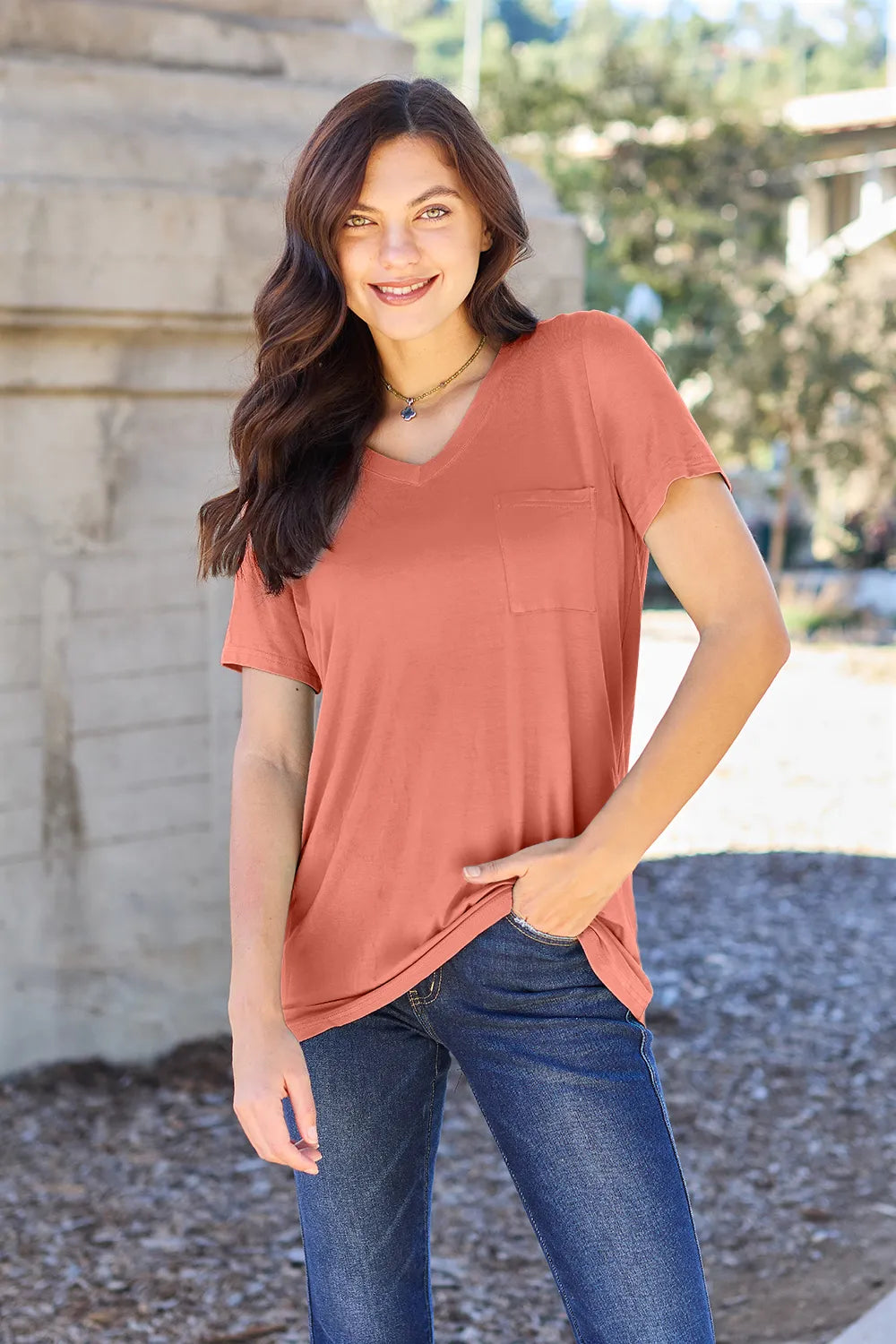 Basic Bae Bamboo Full Size V-Neck Short Sleeve T-Shirt Watermelon pink