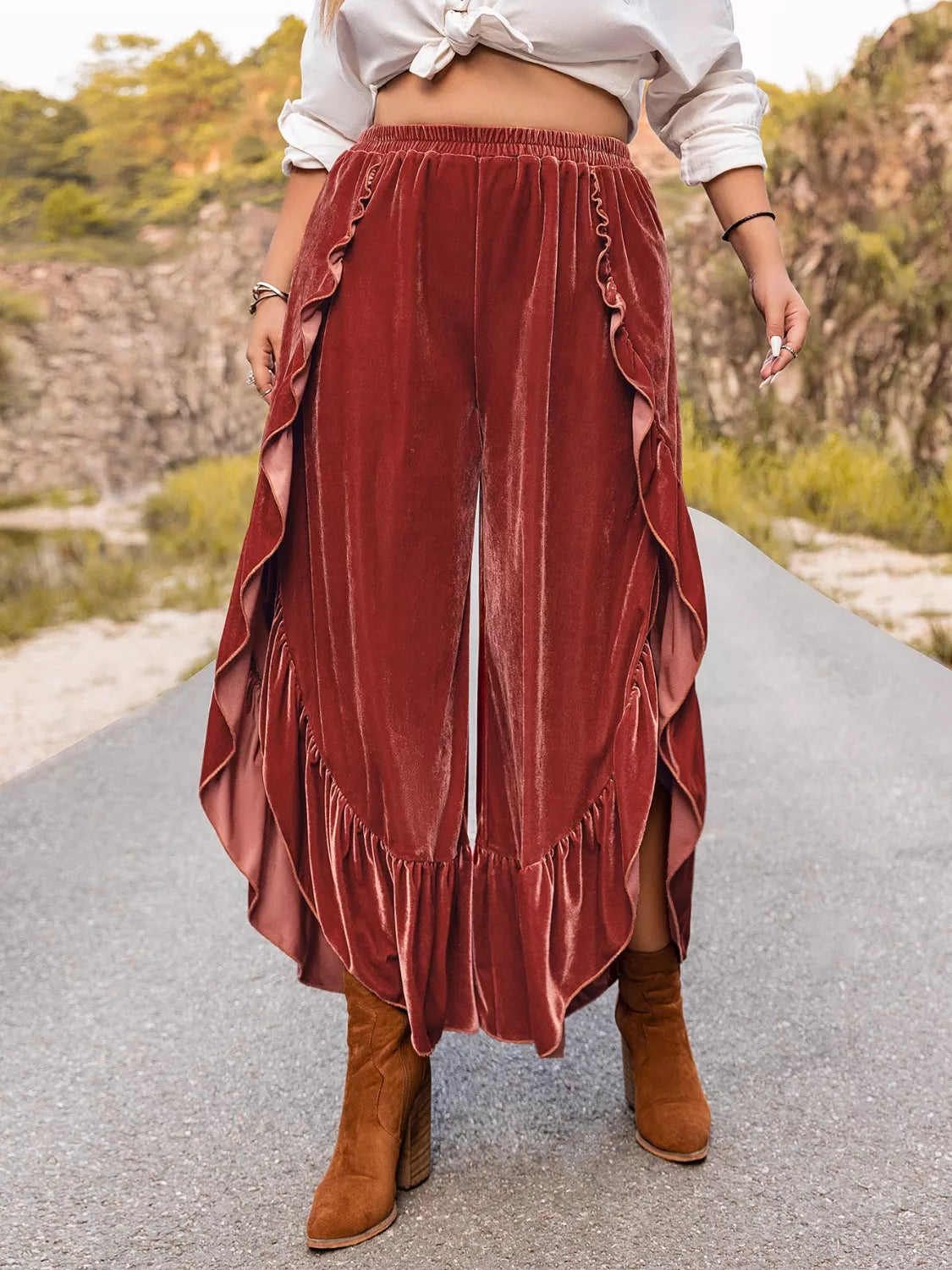 Plus Size Velvet Ruffle Hem Wide Leg Pants