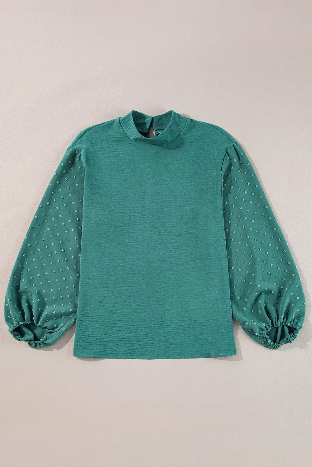 Swiss Dot Mock Neck Balloon Sleeve Blouse Teal
