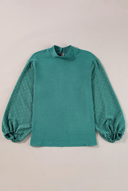 Swiss Dot Mock Neck Balloon Sleeve Blouse Teal