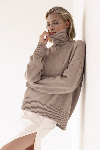 Back To School Sweater - Basic Bae Turtleneck Dropped Shoulder Long Sleeve Sweater Taupe One Size