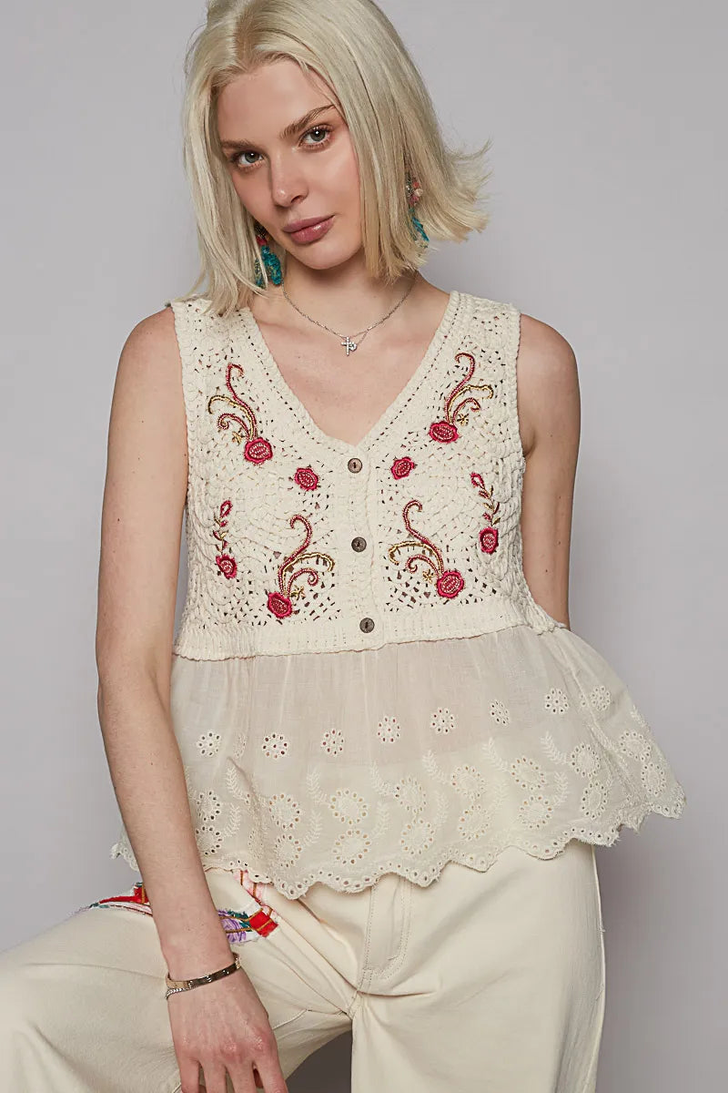 POL Embroidered Detail V-Neck Eyelet Peplum Tank Cream One Size