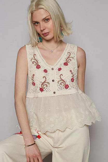 POL Embroidered Detail V-Neck Eyelet Peplum Tank Cream One Size