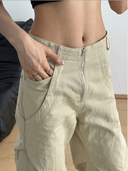 High-Waisted Zip Front Cargo Pants Shallow Khakis