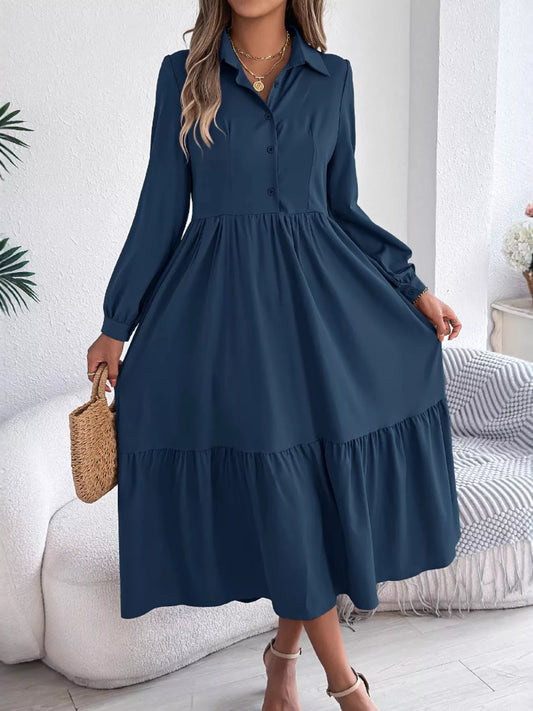 Long Sleeve Tiered Button Front Midi Dress Navy Blue