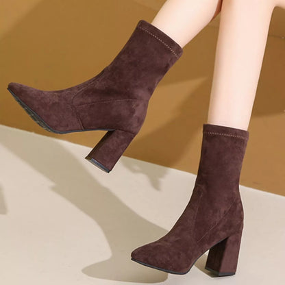 Point Toe Block Heels Boots Chocolate