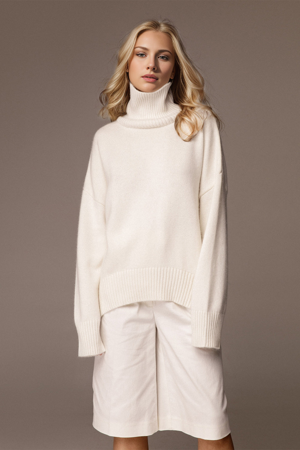 Back To School Sweater - Basic Bae Turtleneck Dropped Shoulder Long Sleeve Sweater White One Size