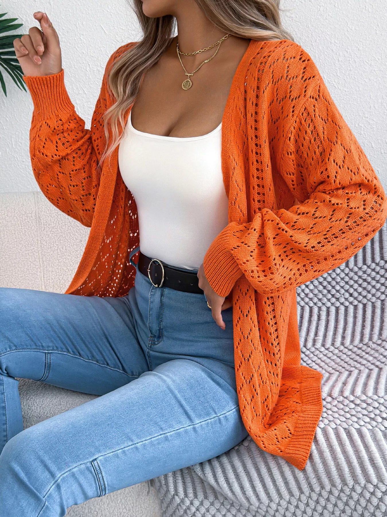 Openwork Open-Front Long Sleeve Cardigan Orange