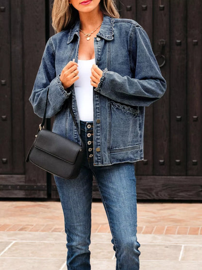 Scallop Trim Collar Patched Pocket Button Up Denim Jacket Navy