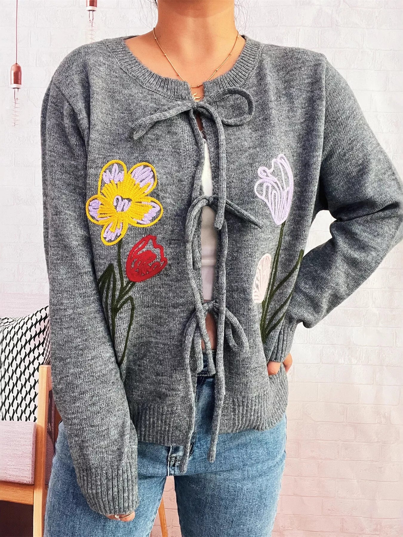 Floral Ribbed Hem Tie Front Cardigan Gray One Size
