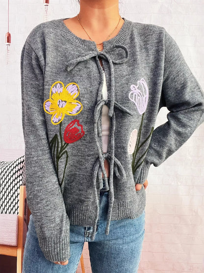 Floral Ribbed Hem Tie Front Cardigan Gray One Size