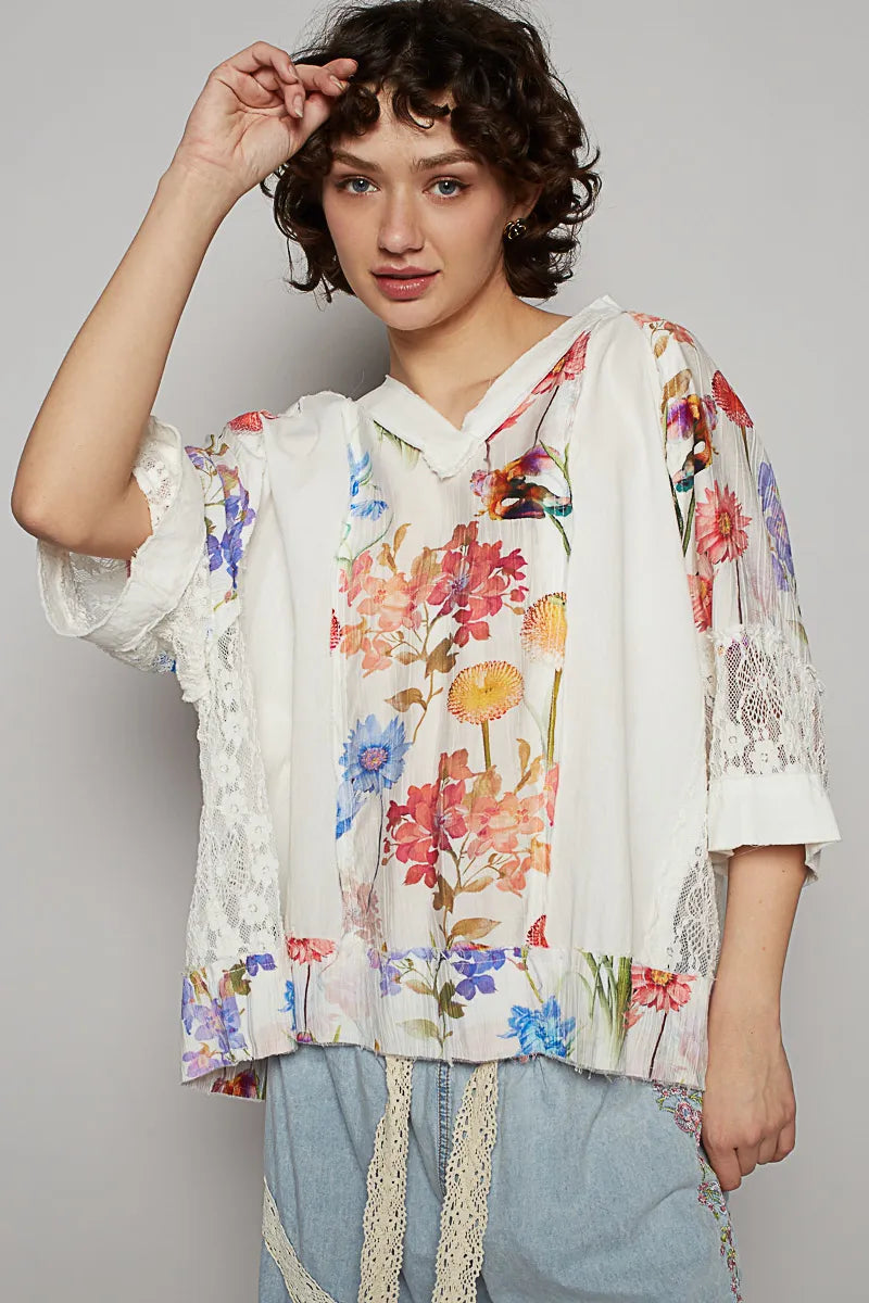 POL Floral V-Neck Raw Edge T-Shirt with Lace Detail White