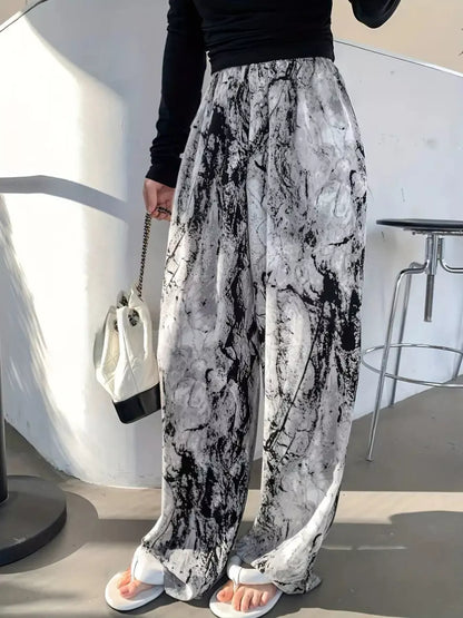 Abstract Print Wide Leg Pants Gray