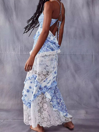 Lace Detail Ruffled Floral V-Neck Maxi Dress