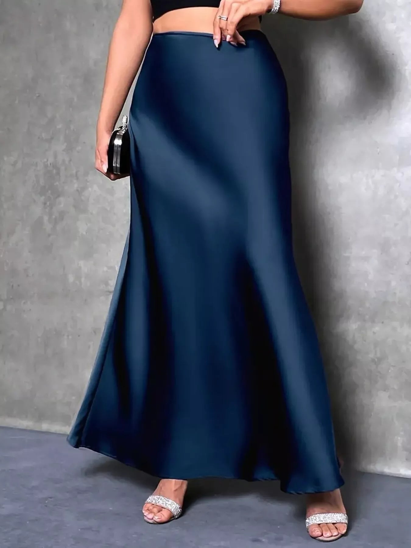 Satin High Waist Maxi Skirt Navy