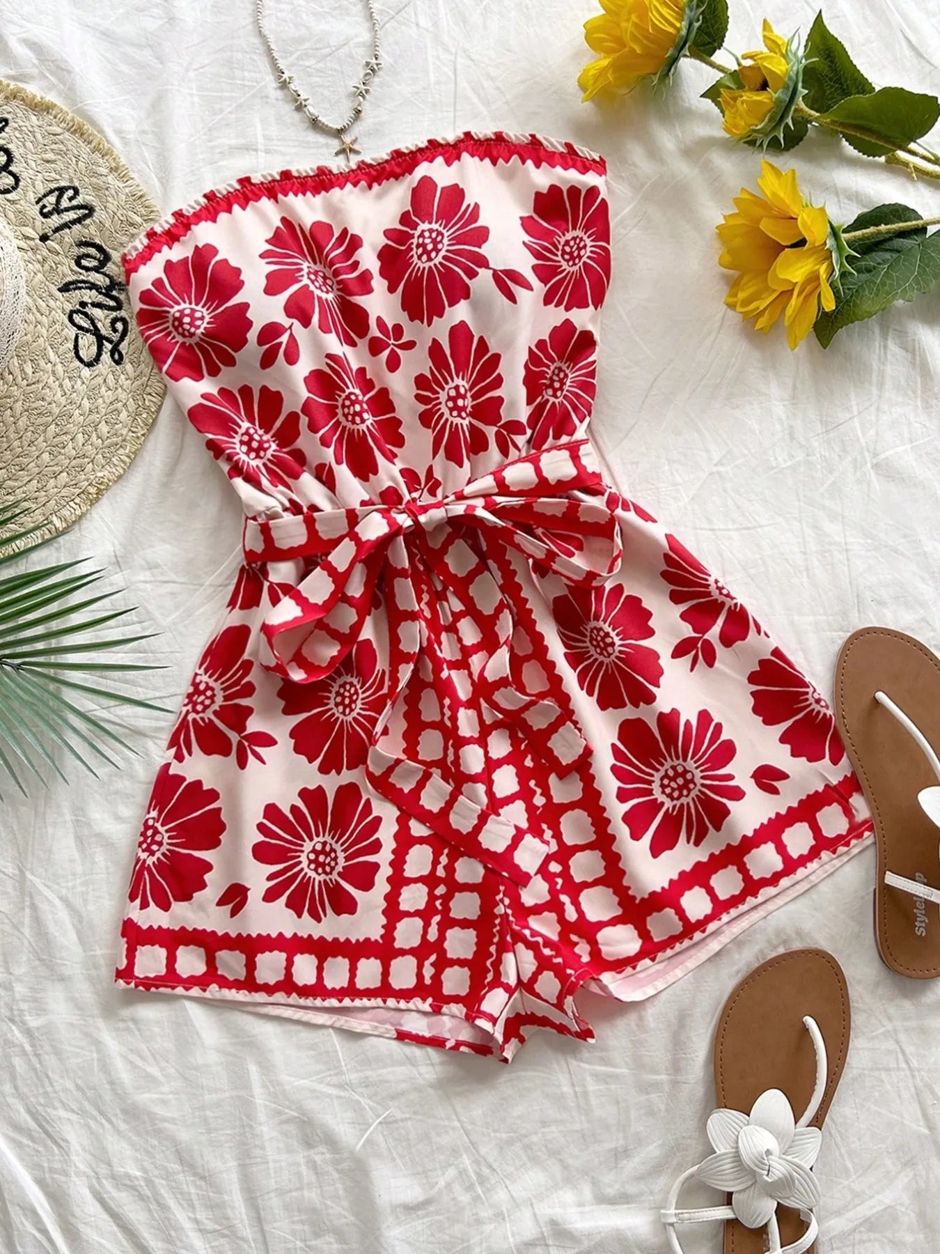 Printed Tube Tie Waist Romper Deep Red