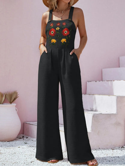 Floral Embroidered Wide Leg Jumpsuit Black