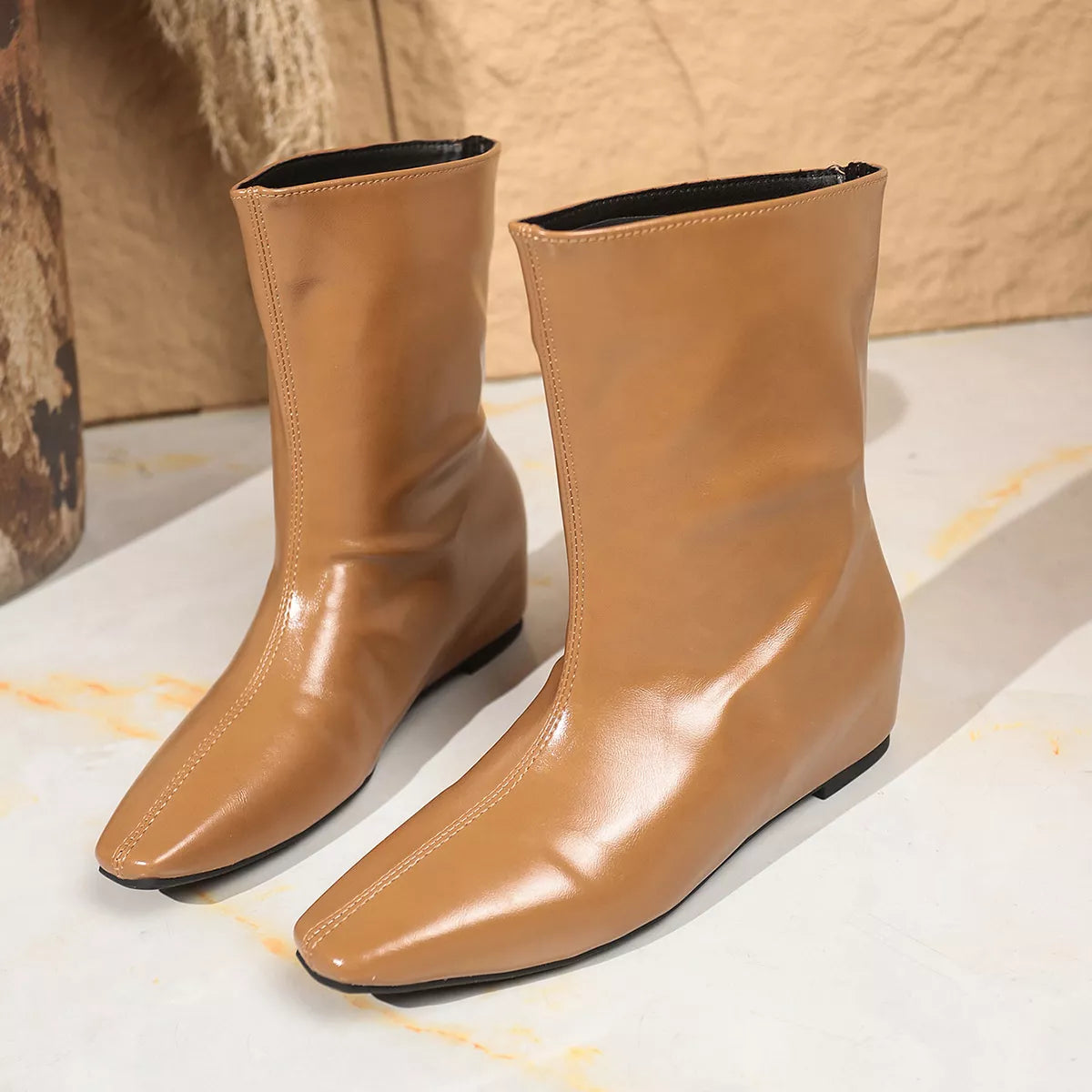Point Toe Leather Boots Yellow
