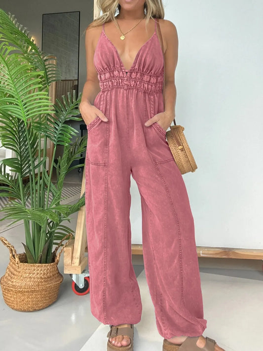 Full Size Wide Leg Spaghetti Strap Jumpsuit Plus Size Gray Pink
