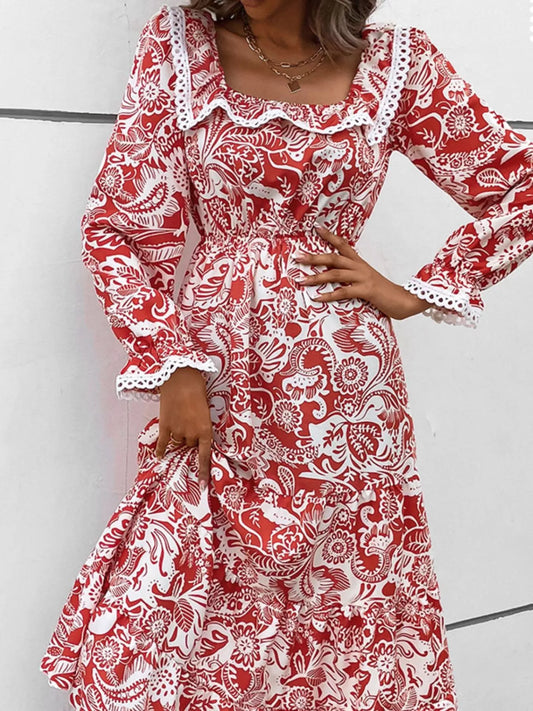 Printed Square Neck Long Sleeve Dress Deep Red