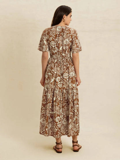 Lace Detail Printed Short Sleeve Midi Dress