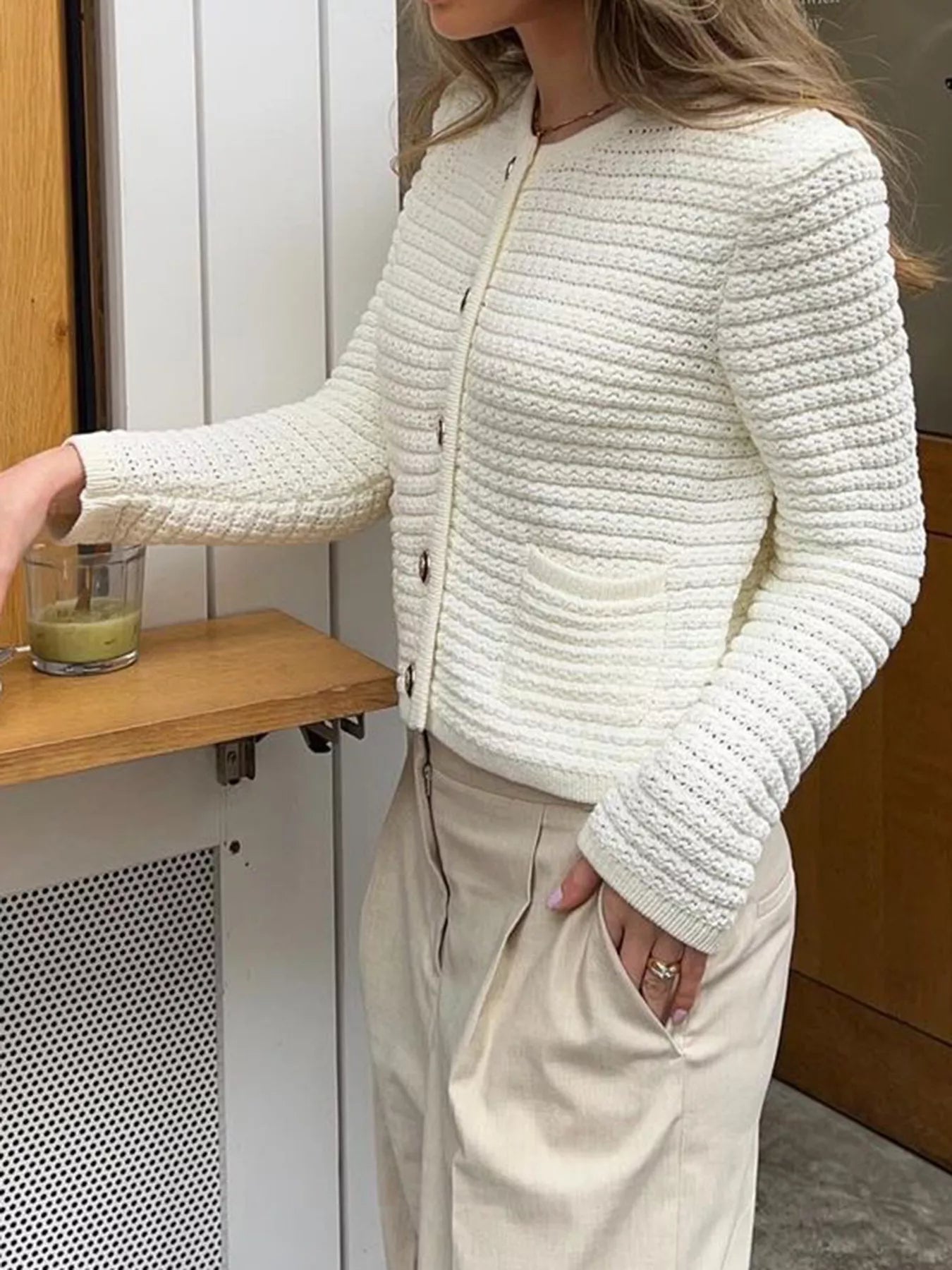 Button-Down Long Sleeve Cardigan Gray white