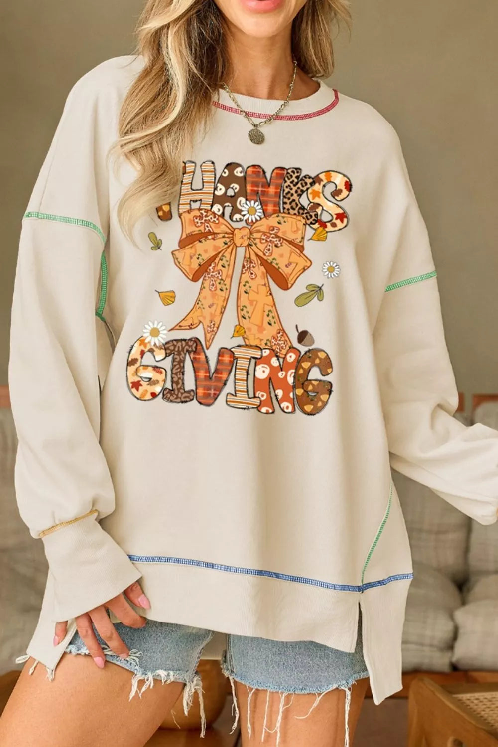 Thanksgiving Graphic Crew Neck Sweatshirt Beige