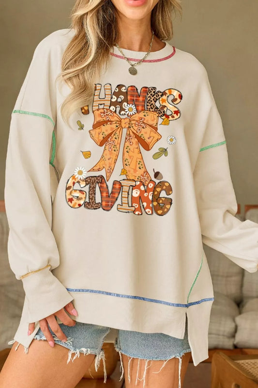 Thanksgiving Graphic Crew Neck Sweatshirt Beige