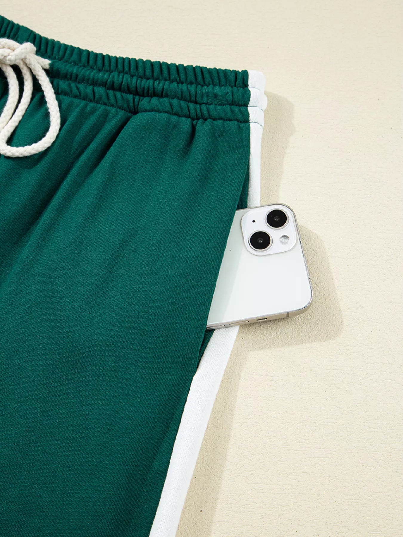 Round Neck Top and Stripe Detail Drawstring Pants Set