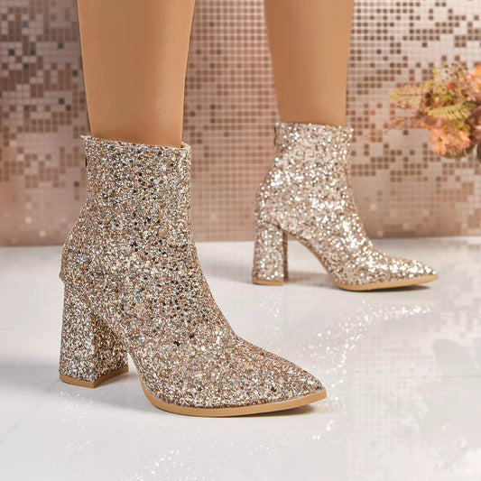 Sequin Point Toe Block Heels Boots