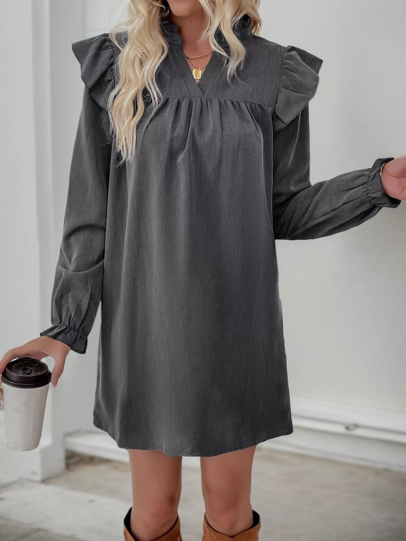 Ruffled Notched Long Sleeve Dress