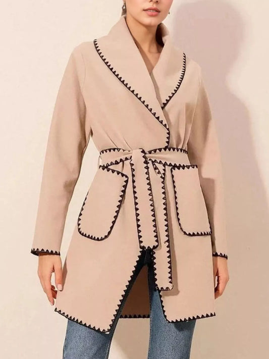 Contrast Trim Tie Waist Outerwear