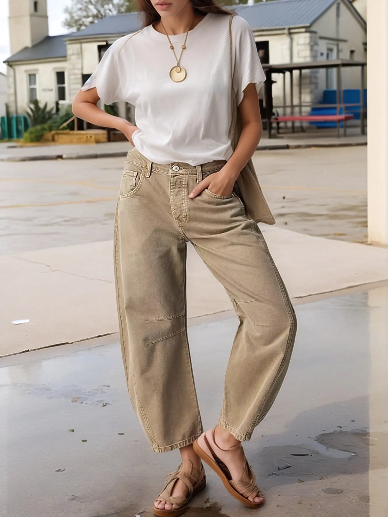 Wide Leg Relaxed Fit Jeans Dark Khaki