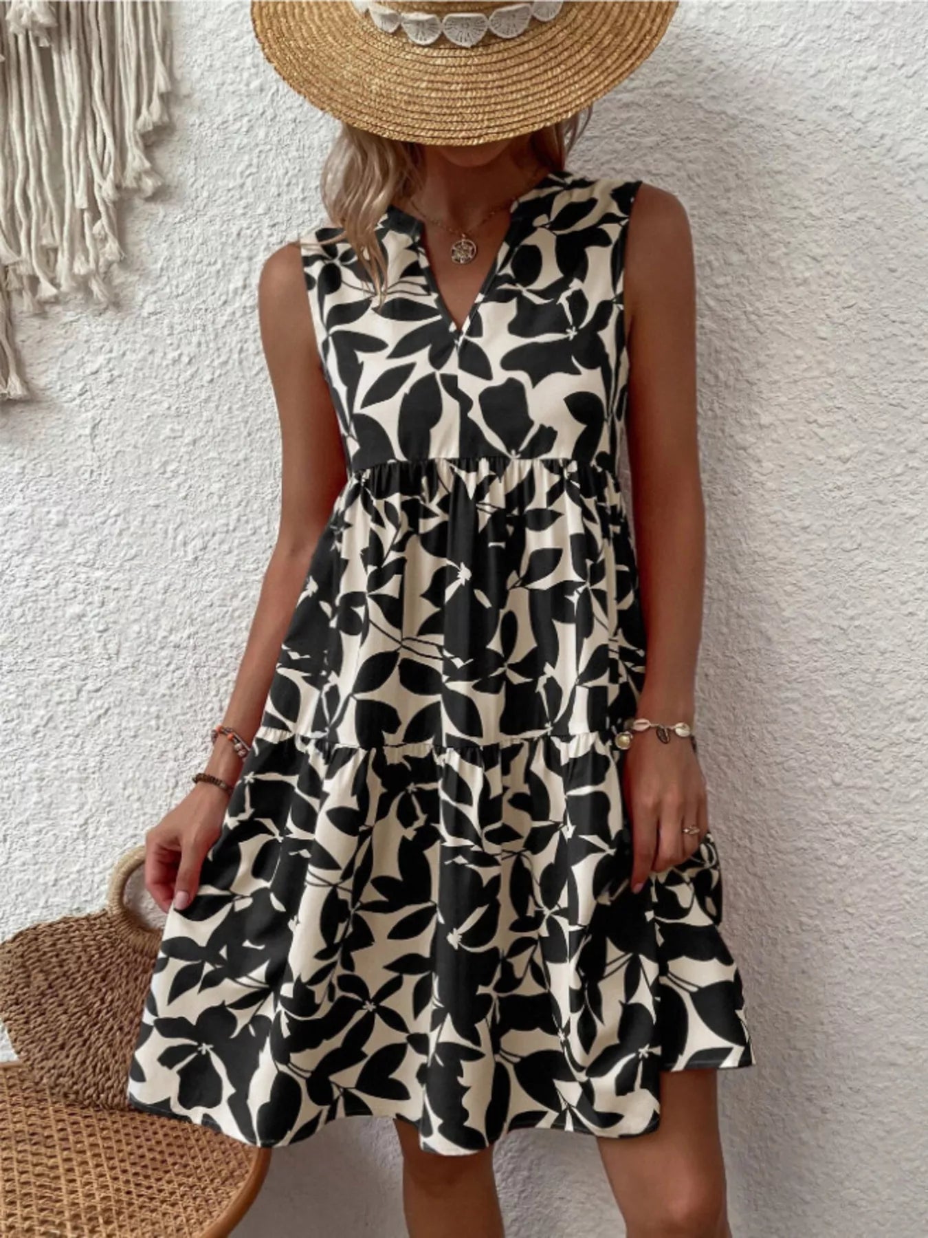 Full Size Printed Notched Sleeveless Mini Dress Plus Size Black