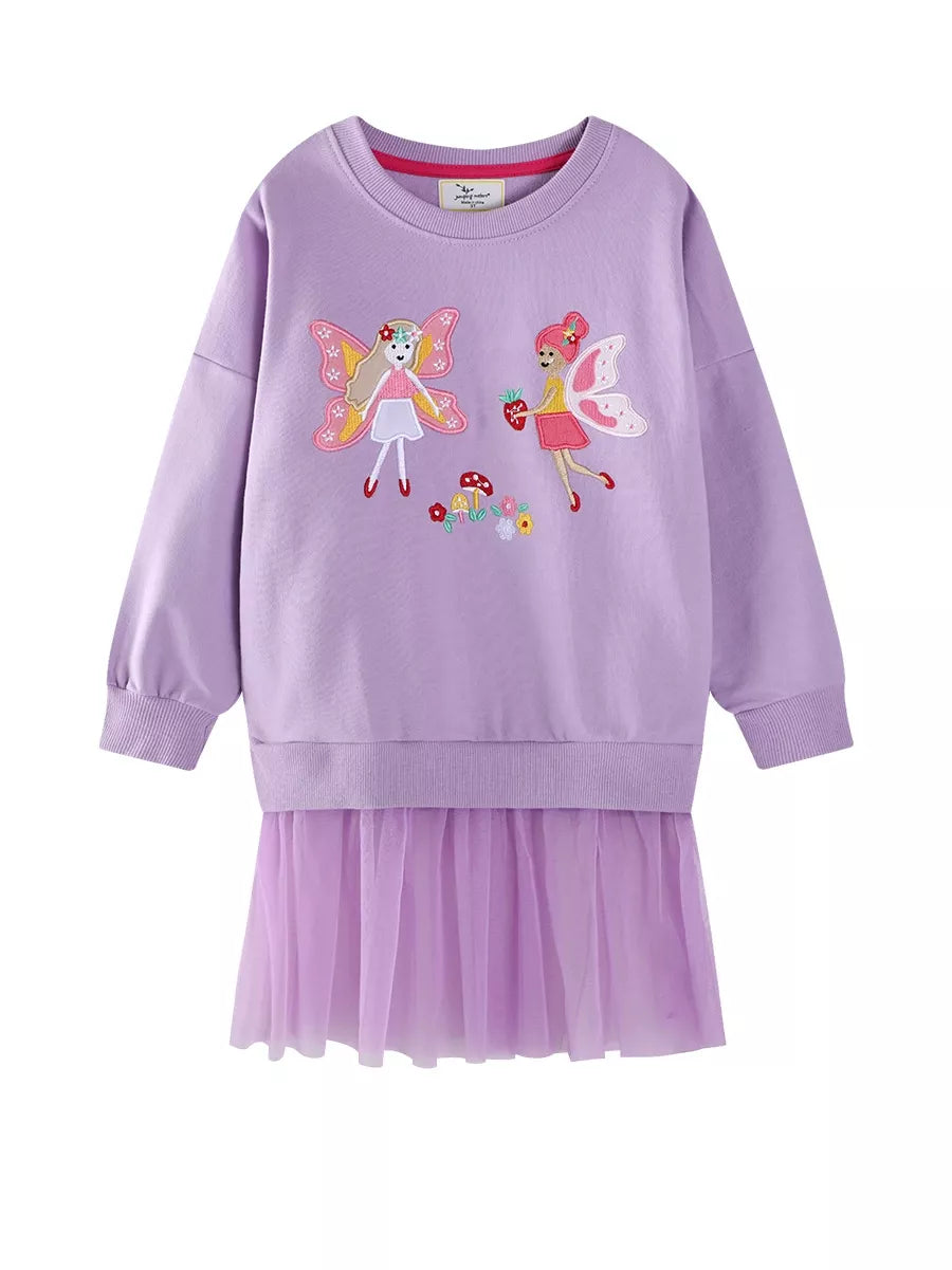 Children's Fairy Embroidered Tulle Sweatshirt Dress Lavender