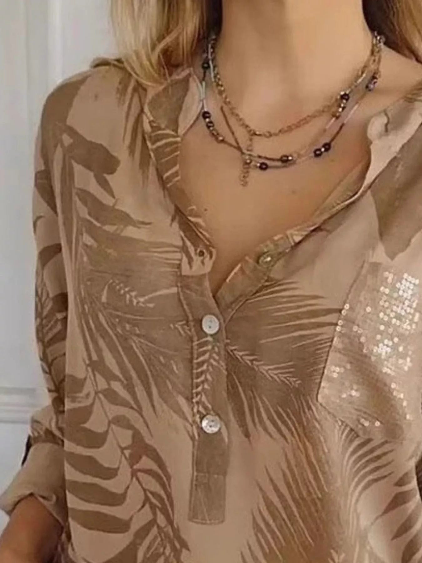 Full Size Printed Button Detail Long Sleeve Blouse Plus Size