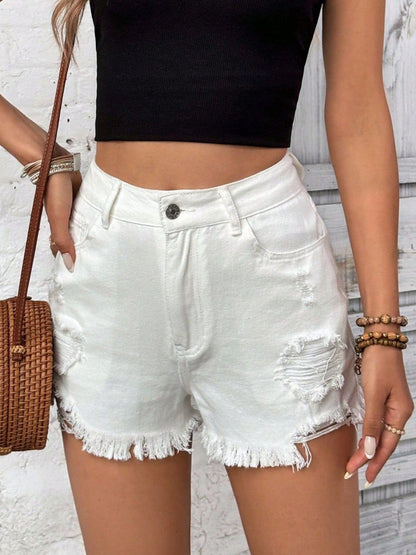 Distressed Raw Hem High Rise Denim Shorts