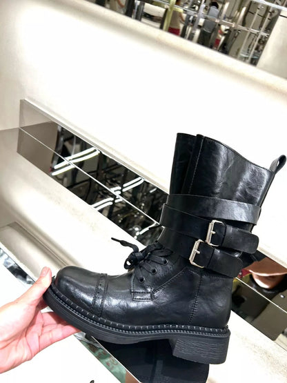 Buckled Leather Block Heel Boots Black