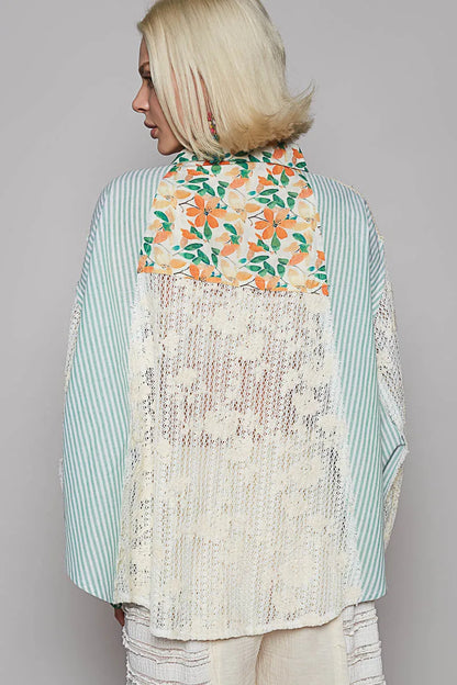 POL Lace Long Sleeve Shirt with Floral and Striped Pattern