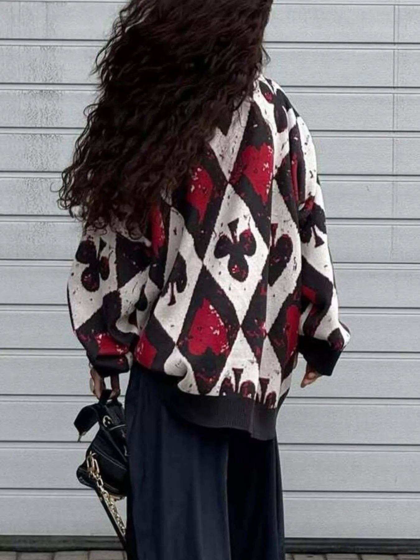 Contrast Diamond Round Neck Long Sleeve Sweater