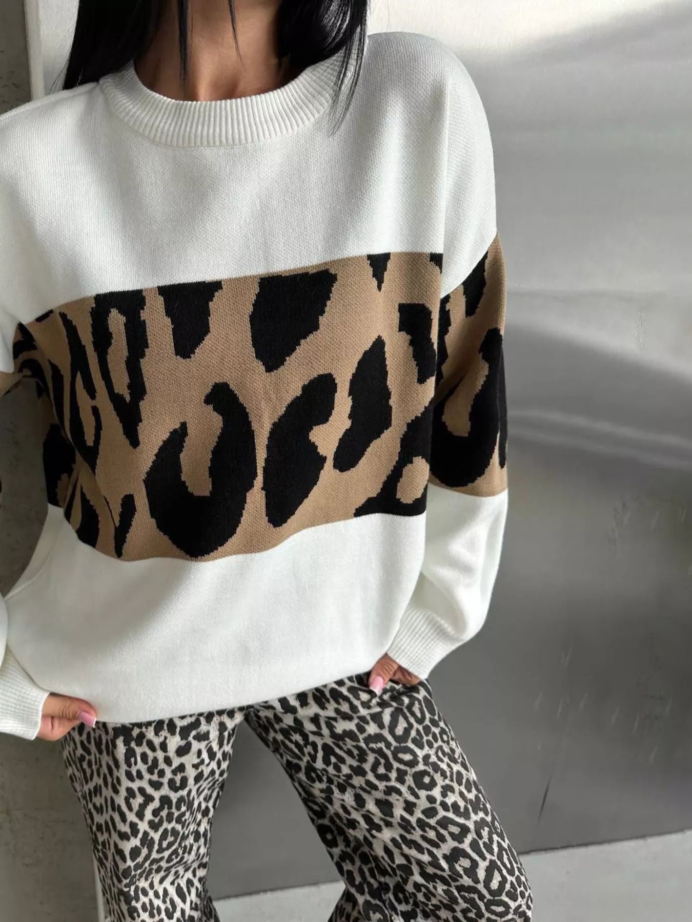 Leopard Color Block Round Neck Sweater White