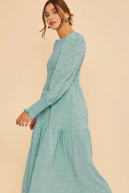 Annie Wear Textured Smocking Bodice Tiered Midi Dress