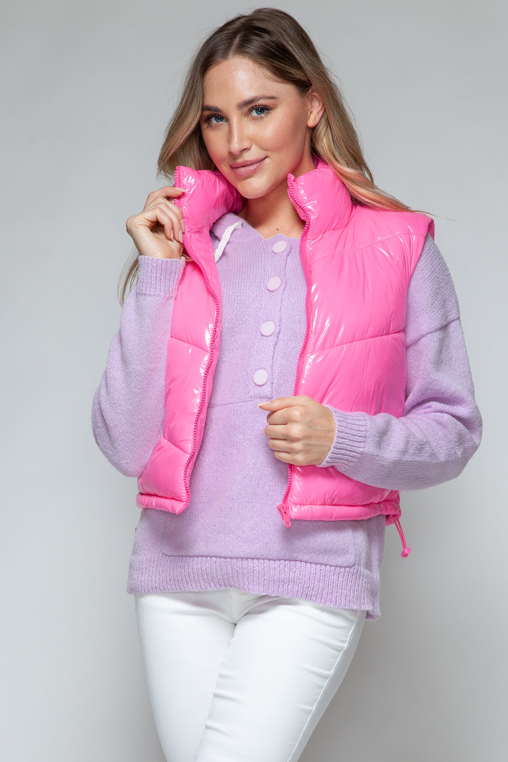 Snobbish Zip Up Turtleneck Shiny Quilted Vest Hot Pink