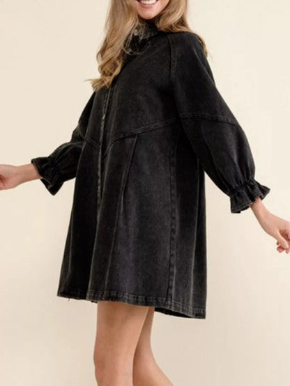 Ruffled Cuff Button-Down Denim Dress